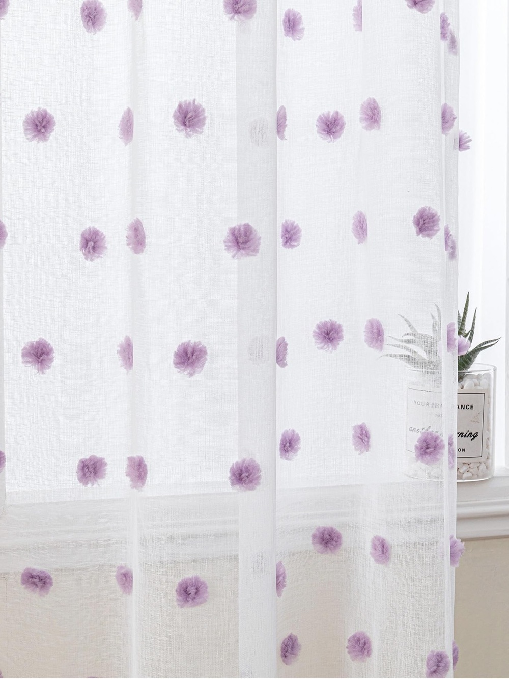 DKNY White Sheer Curtain Panel with Lavender Pom Poms